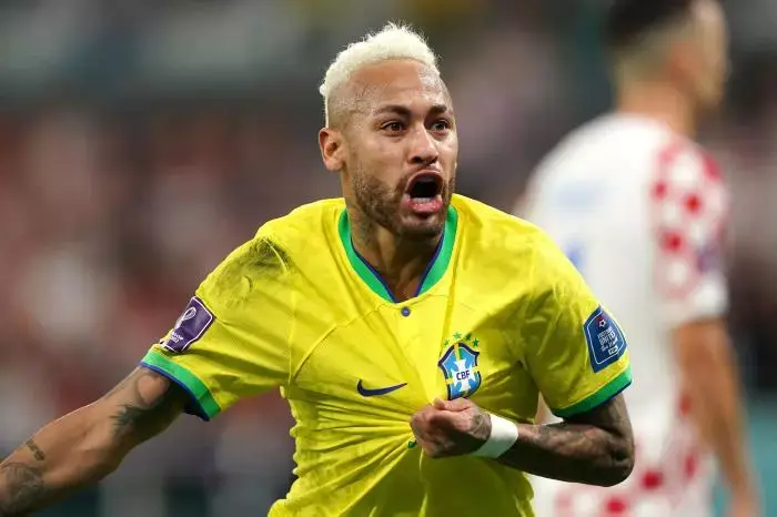 Brazil's Neymar celebrates scoring in extra time against Croatia