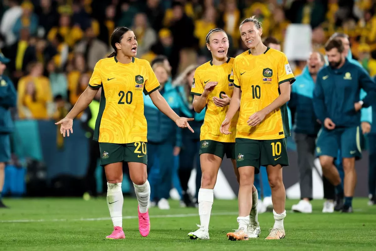 Sam Kerr, Caitlin Foord and Emily van Egmond of Australia