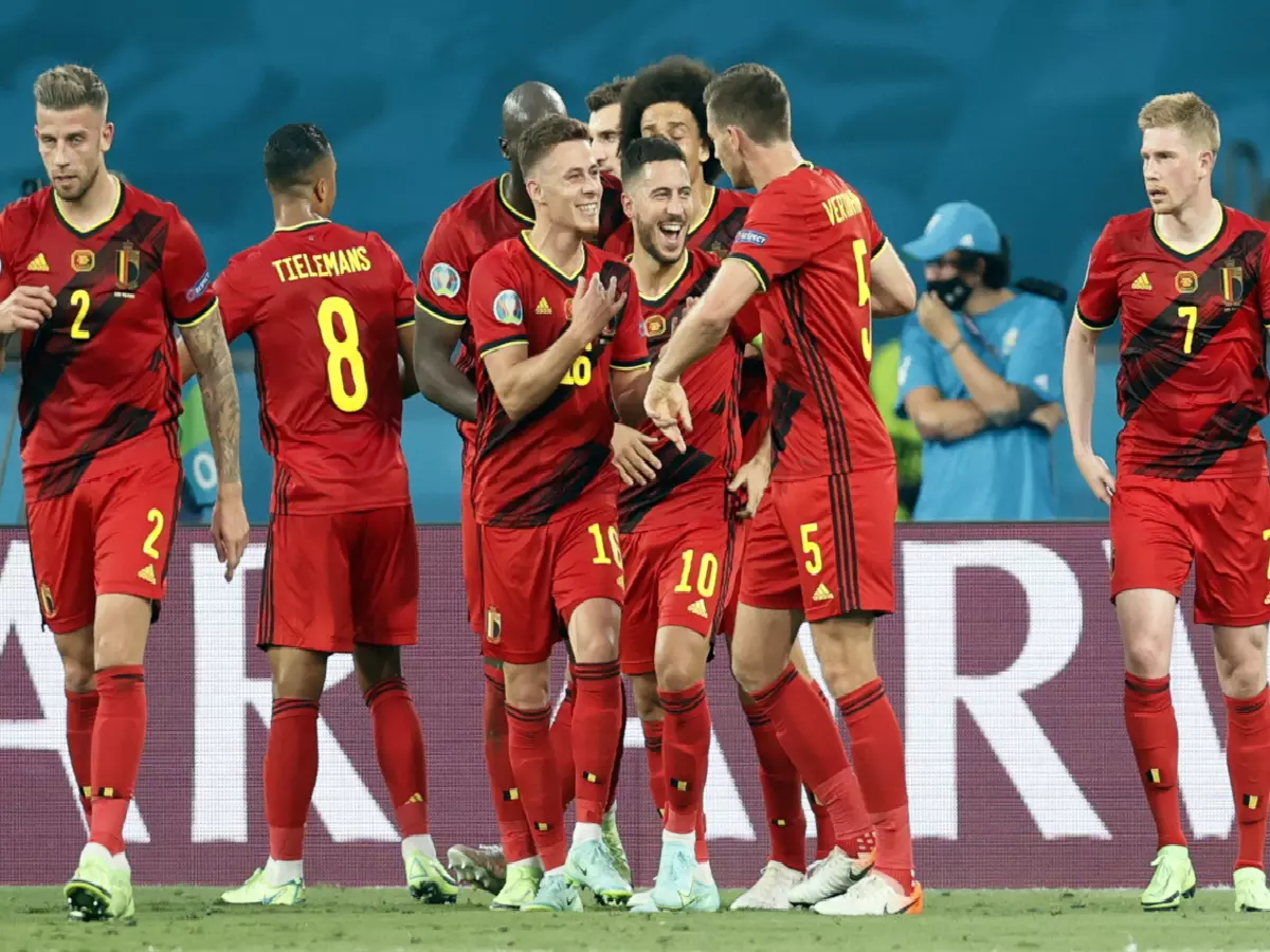 Belgium players all smiles as Thorgan Hazard scores against Portugal
