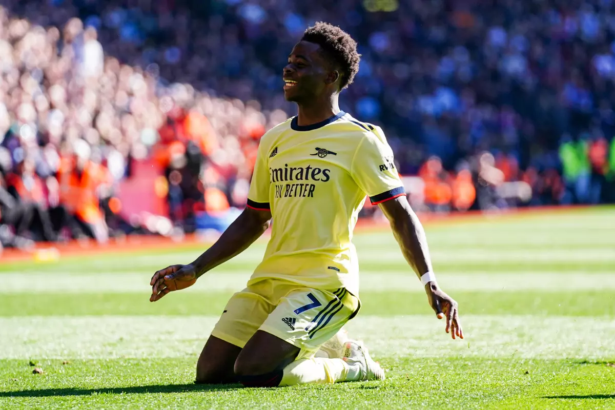 Arsenal's Bukayo Saka celebrates scoring the opening goal during the Premier League match at Villa Park, Birmingham.