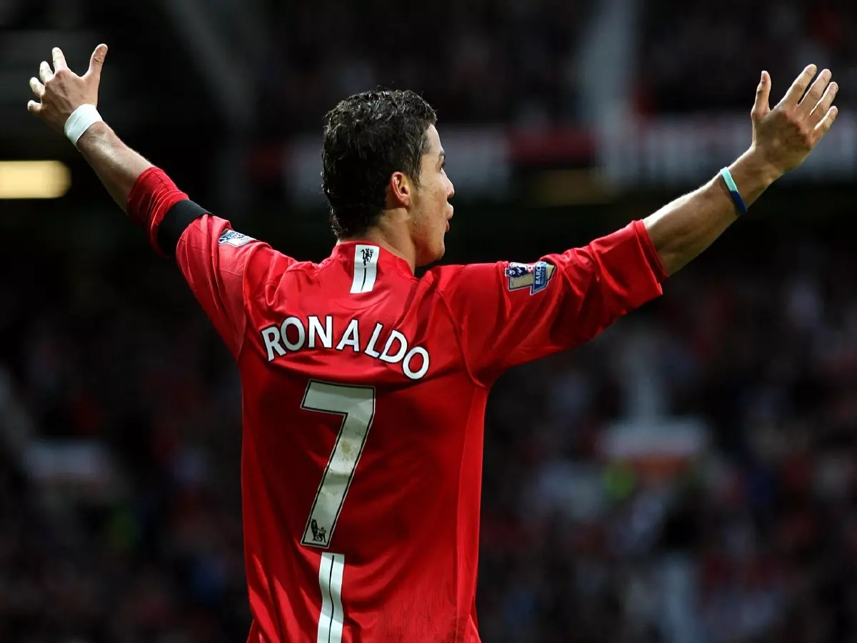 Cristiano Ronaldo celebrates scoring for Manchester United in 2007, Old Trafford