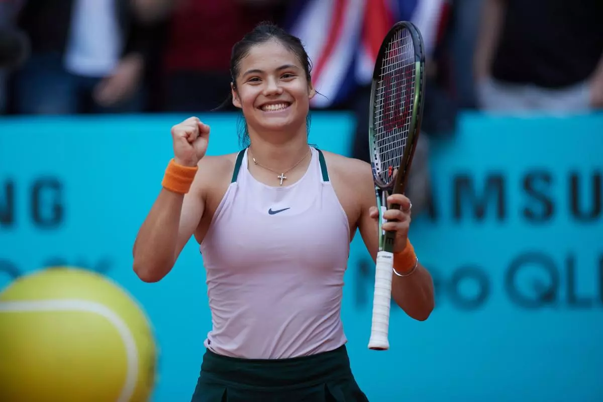 Emma Raducanu of Great Britain celebrates after the women's singles 1st round match