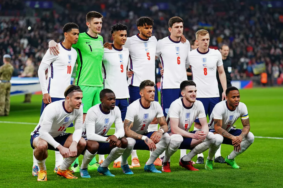 Back row, left to right, England's Jude Bellingham, Nick Pope, Ollie Watkins, Tyrone Mings, Harry Maguire and James Ward-Prowse. Front row, left to right, England's Jack Grealish, Tyrick Mitc