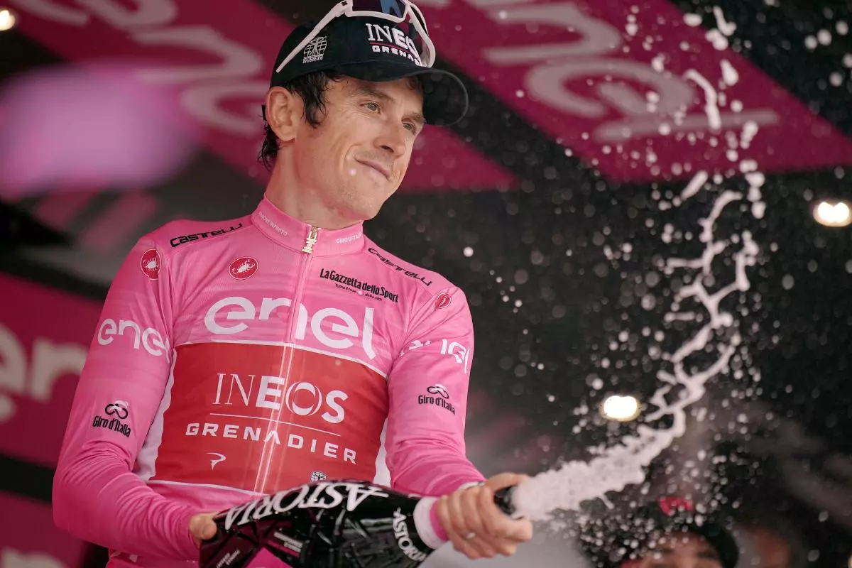 Geraint Thomas wears the pink jersey after stage 13 of the 2023 Giro D'Italia
