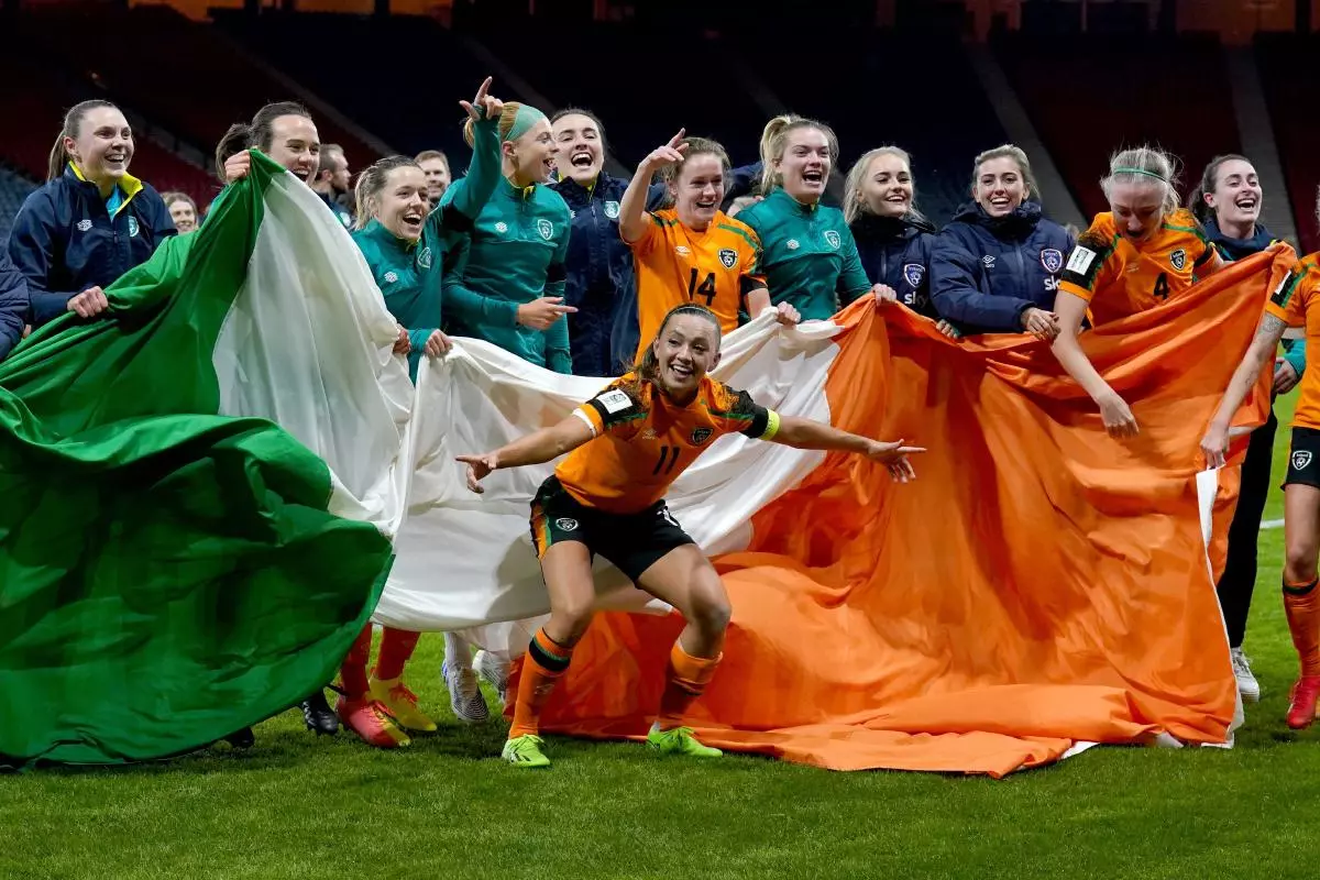 Republic of Ireland celebrate after the FIFA Women's World Cup 2023 qualifying play-off match at Hampden Park