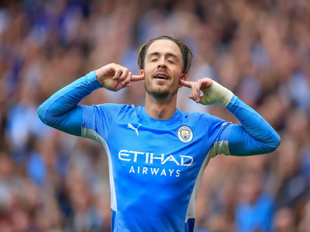 Jack Grealish celebrates scoring his first Manchester City goal against Norwich