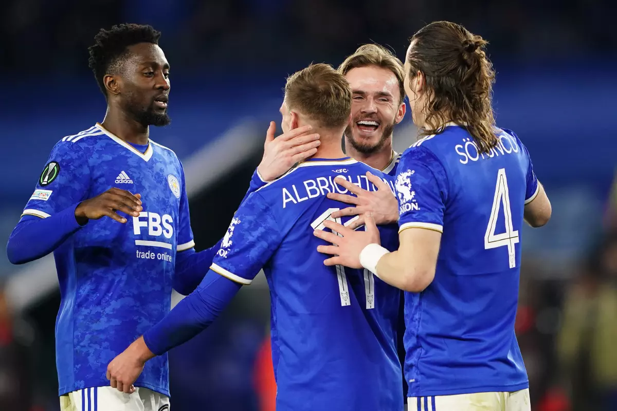 Left to right, Leicester City's Wilfred Ndidi, Marc Albrighton, James Maddison and Caglar Soyuncu celebrate following the UEFA Europa Conference League round of sixteen first leg match at the