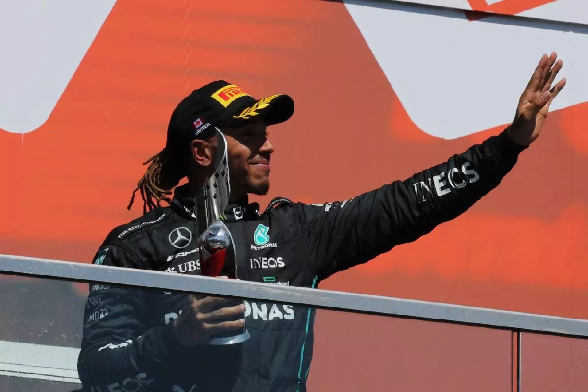 Lewis Hamilton holds the third place trophy. Canada June 2022.
