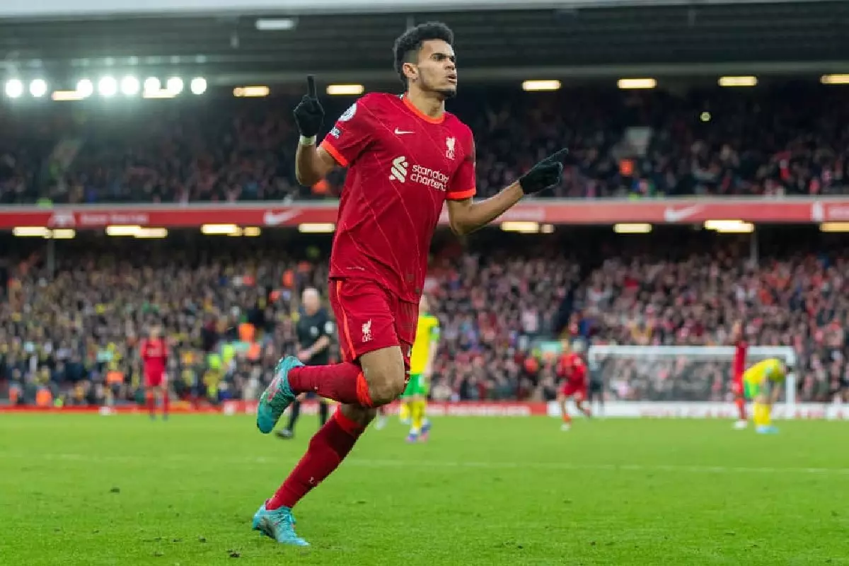 Luis Diaz celebrates his goal against Norwich