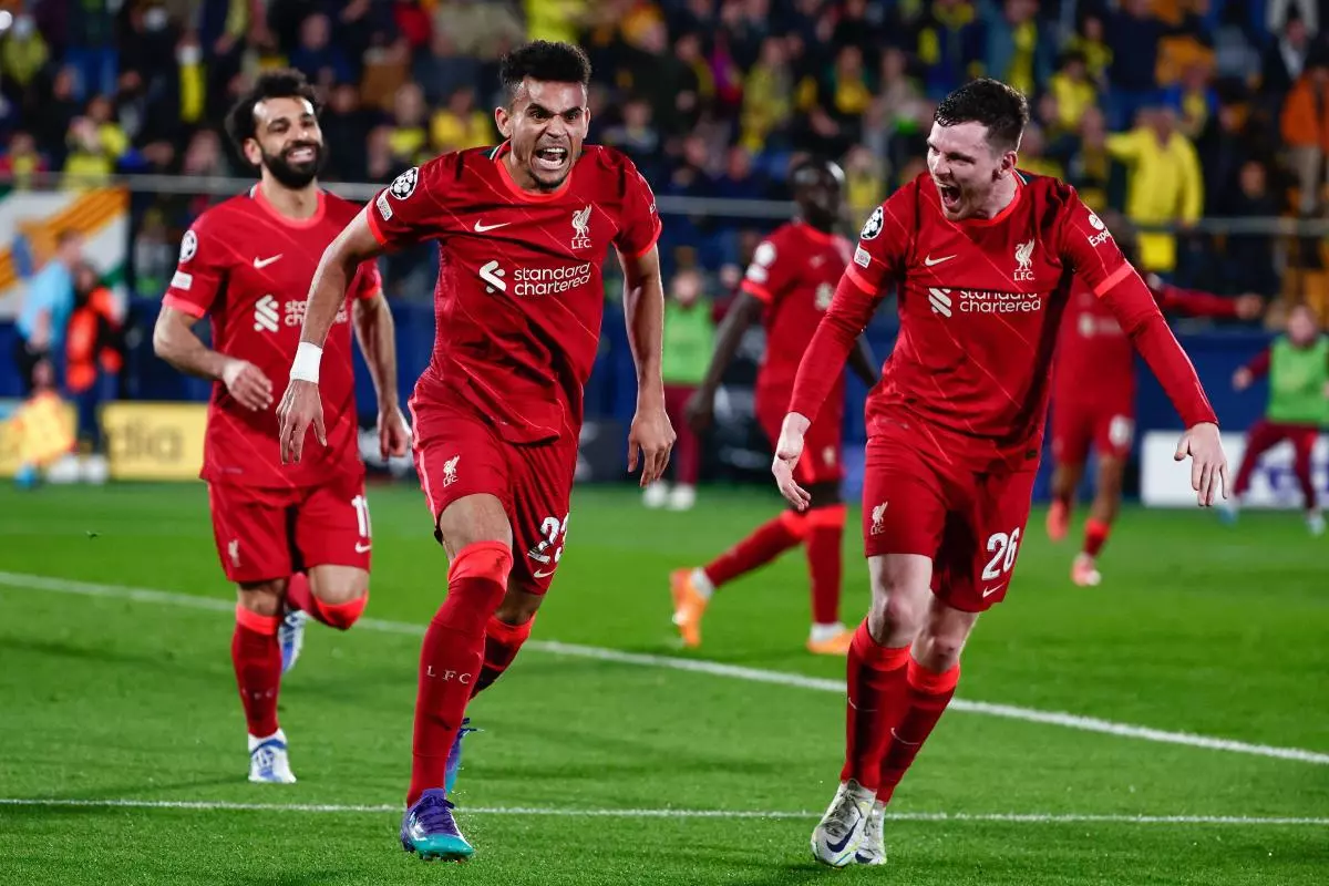 Luis Diaz of Liverpool FC celebrates a goal during the UEFA Champions League Semi Final 