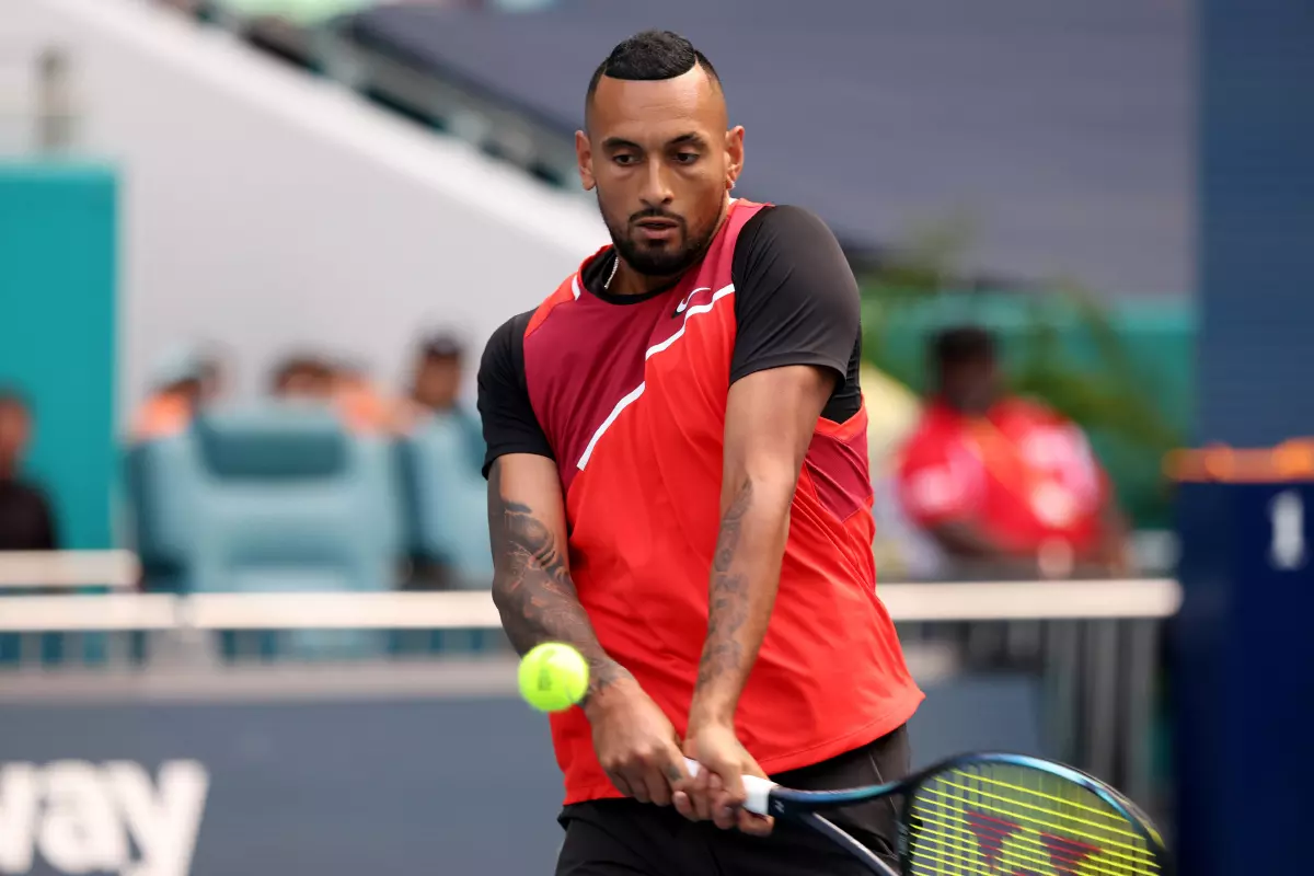 Nick Kyrgios of Australia defeats Andrey Rublev of Russia during the Miami Open day 5 at Hard Rock Stadium on March 25, 2022 in Miami Gardens, Florida
