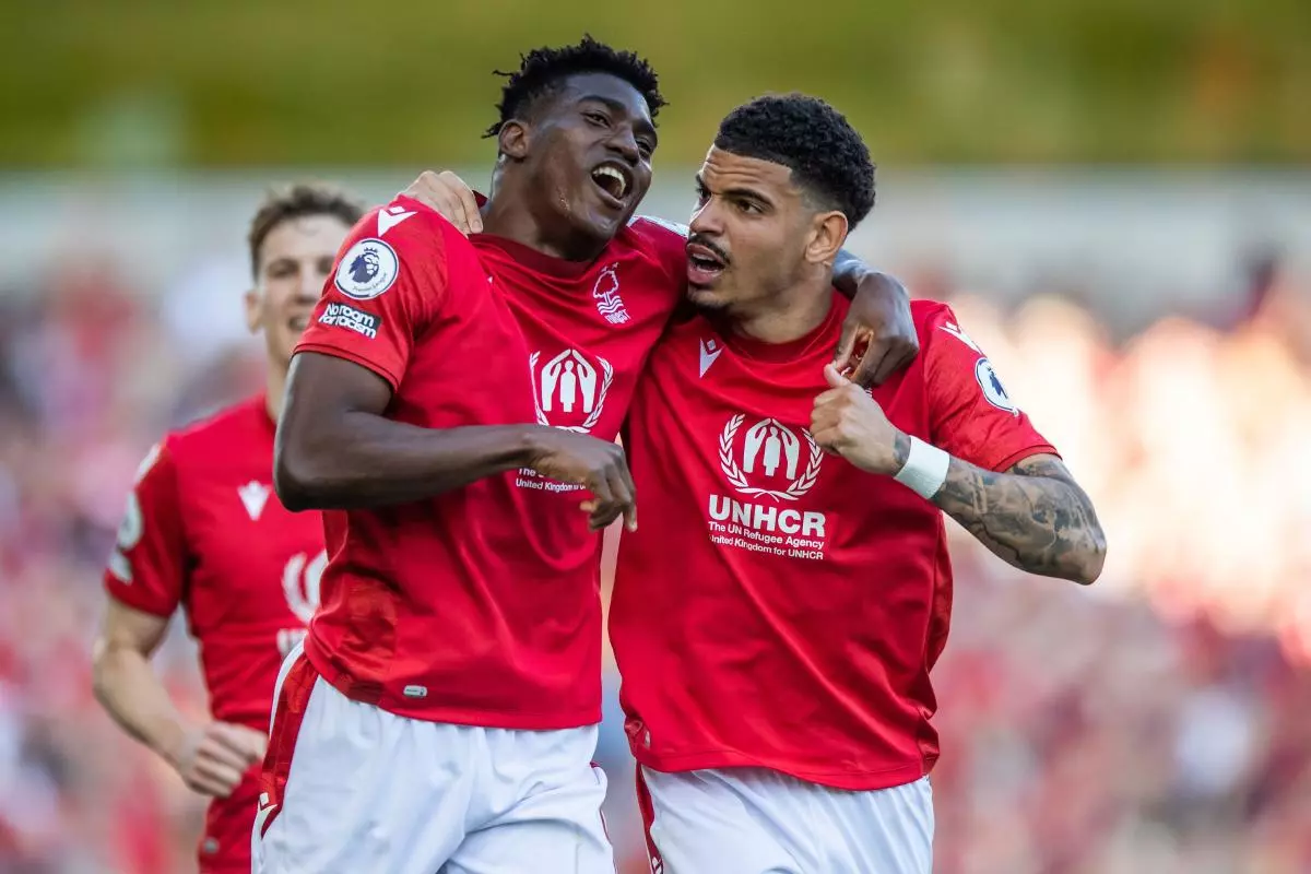 Taiwo Awoniyi of Nottingham Forest celebrates his goal with Morgan Gibbs-White 