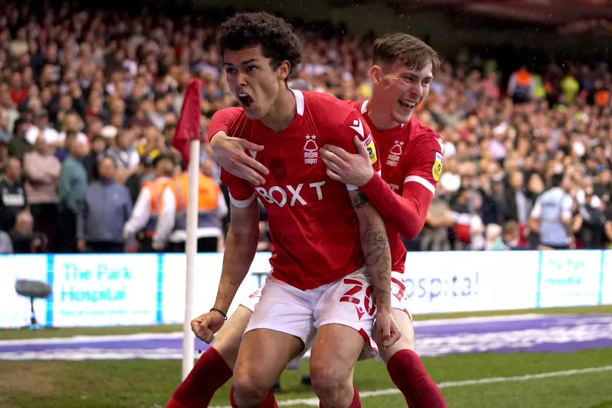 Nottingham Forest's Brennan Johnson celebrates scoring the opening goal