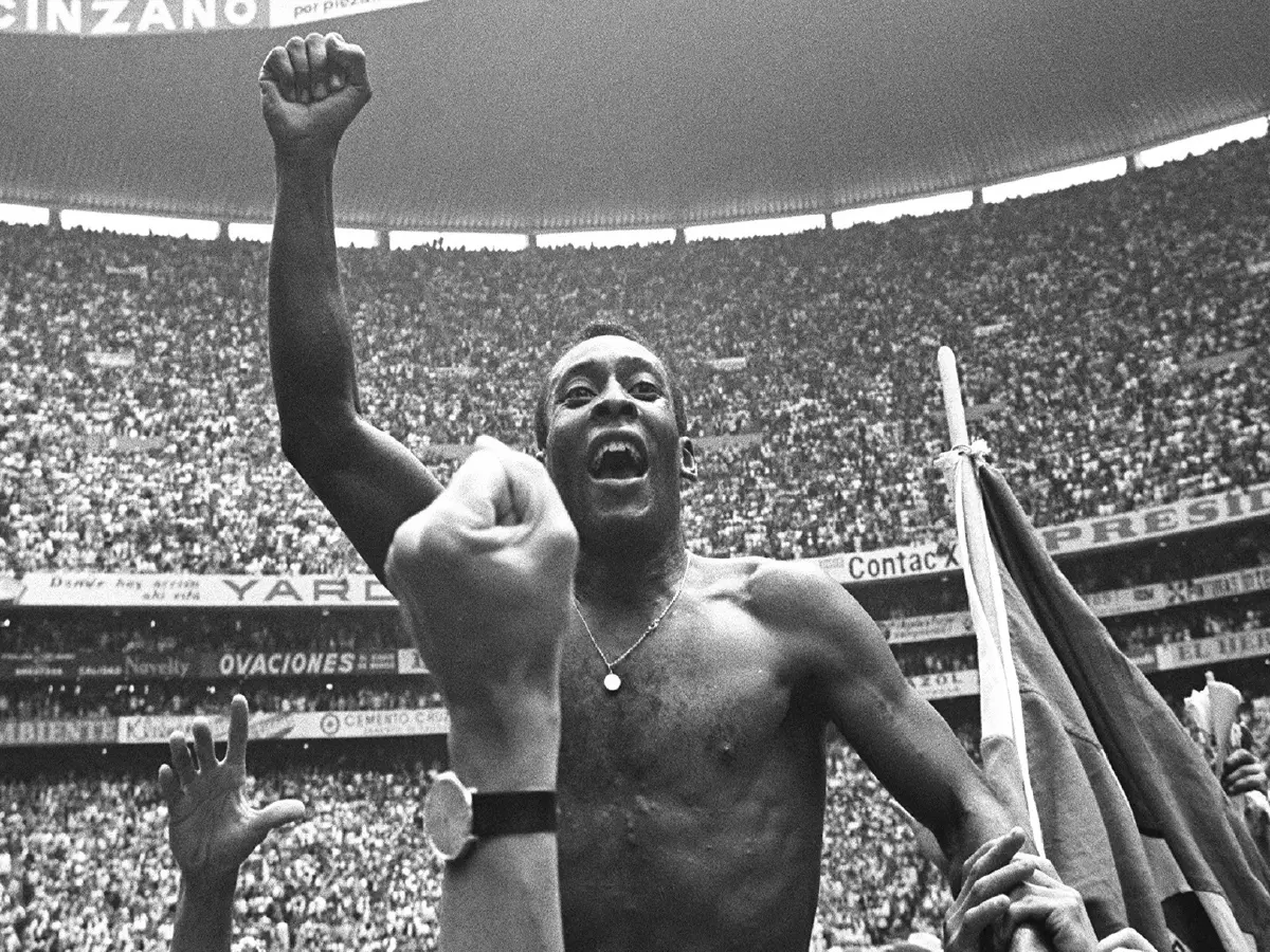 Pele celebrates a goal for Brazil