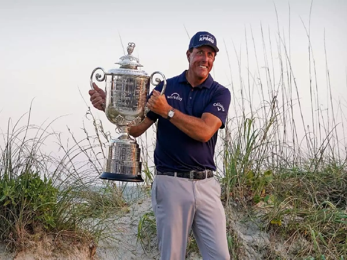 Phil Mickelson with the 2021 PGA trophy