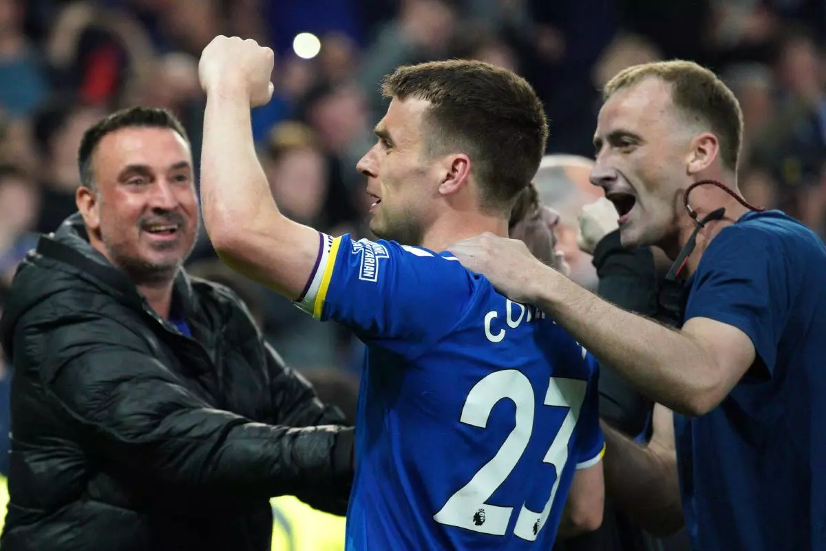 Seamus Coleman celebrates with Everton fans May22