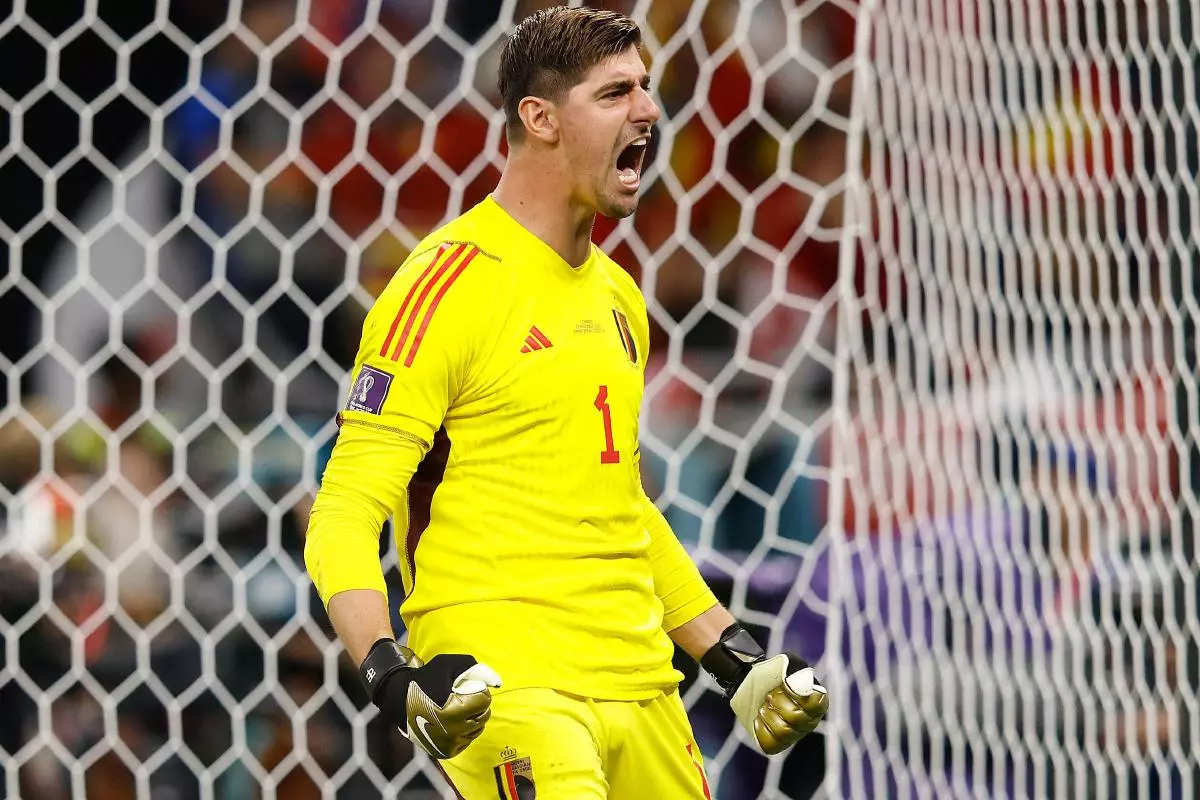 Thibaut Courtois celebrates penalty save v Canada