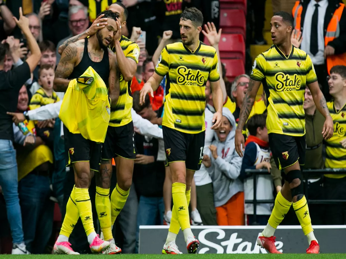 Joao Pedro of Watford celebrates after scoring during the Premier League match between Watford and Newcastle United at Vicarage Road, Watford on Saturday 25th September 2021.