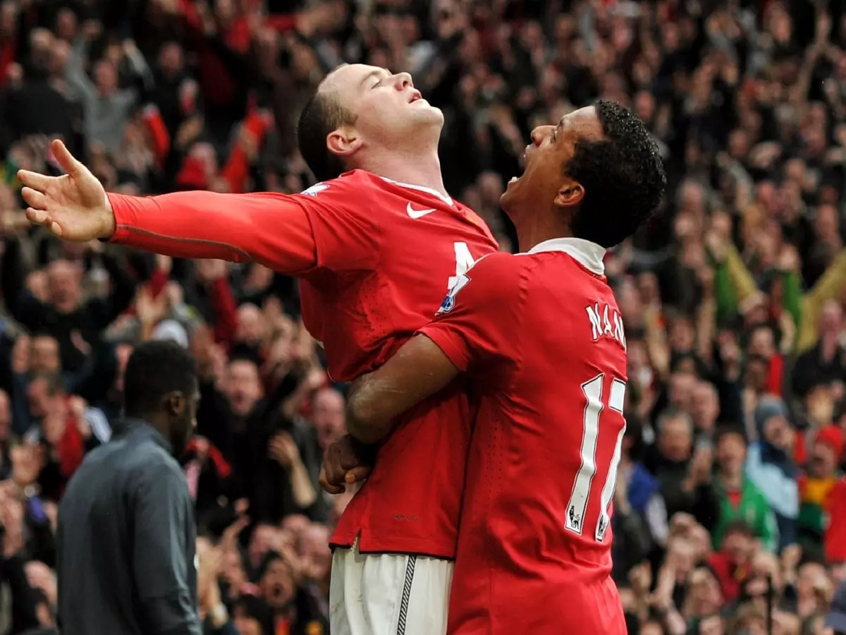 Wayne Rooney celebration after scoring for Man Utd vs Man City Feb 2011