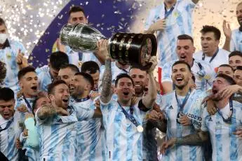 Argentina's Lionel Messi and teammates celebrate winning the Copa America