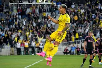 Cucho Hernandez celebrates an MLS goal for Columbus Crew