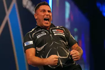 Gerwyn Price reacts during his match against Ritchie Edhouse on day one of the William Hill World Darts Championship at Alexandra Palace, London. Picture date: Wednesday December 15, 2021.
