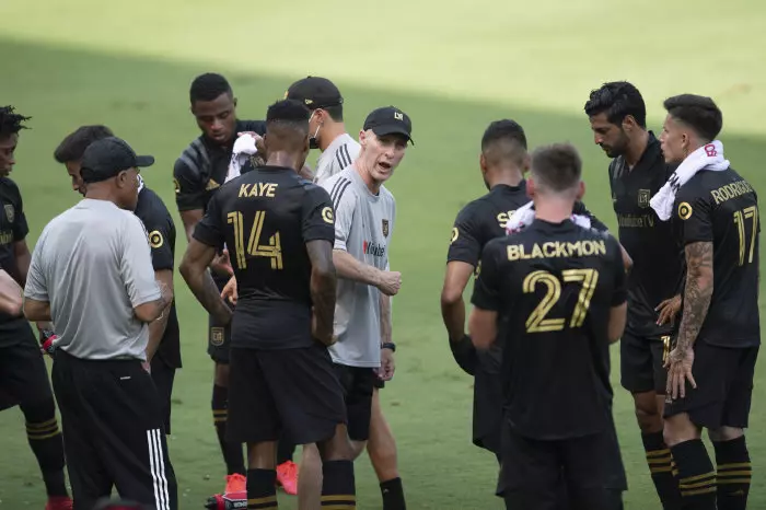 os Angeles FC manager Bob Bradley gives instructions to his players during an MLS soccer match against the Los Angeles Galaxy on August 22, 2020, in Los Angeles.