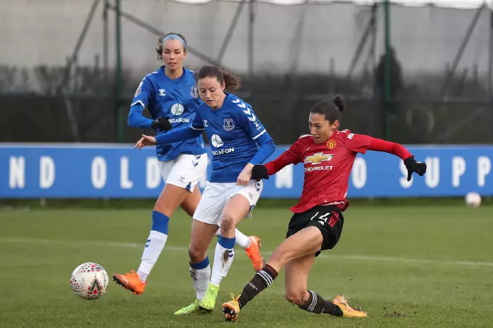 Manchester United's Christen Press (right) scores their side's second goal of the game during the FA Women's Super League match at Walton Hall Park, Liverpool. Picture date: Sunday January 31