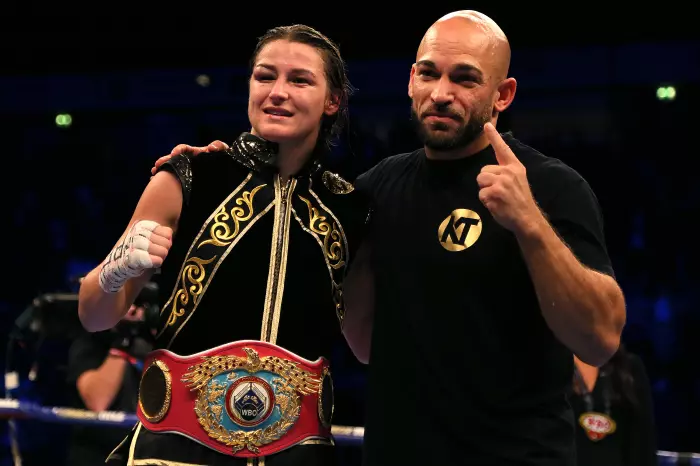 Katie Taylor celebrates victory against Christina Lindardatou (not pictured) in their WBO Super-Lightweight World Title bout at Manchester Arena, Manchester.