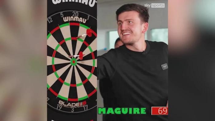 Harry Maguire impresses in darts challenge against Luke Littler