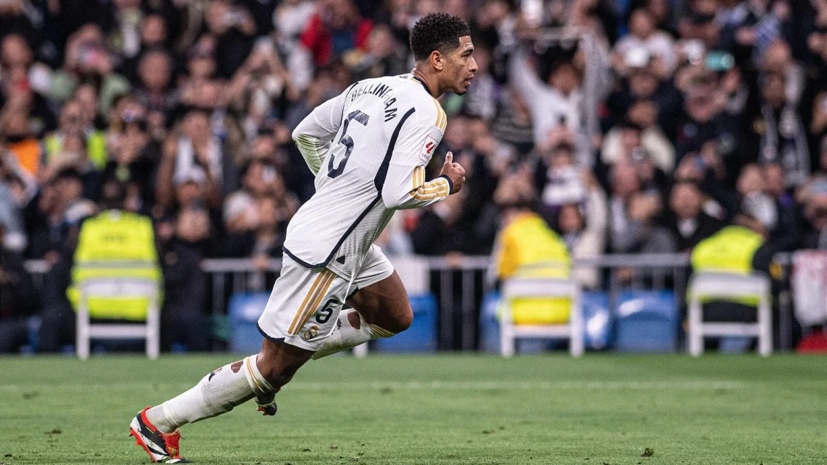 Jude Bellingham celebrates as he scores for Real Madrid
