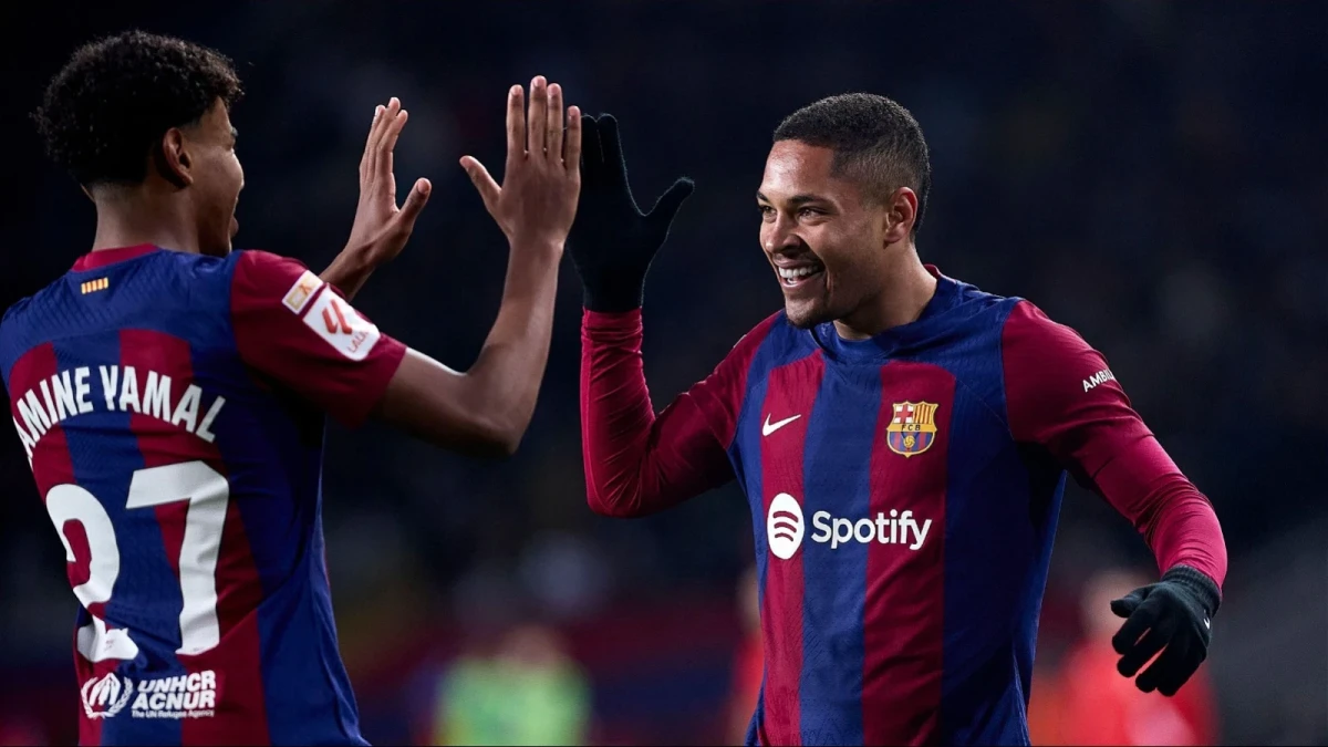 Vitor Roque celebrates after scoring for Barcelona