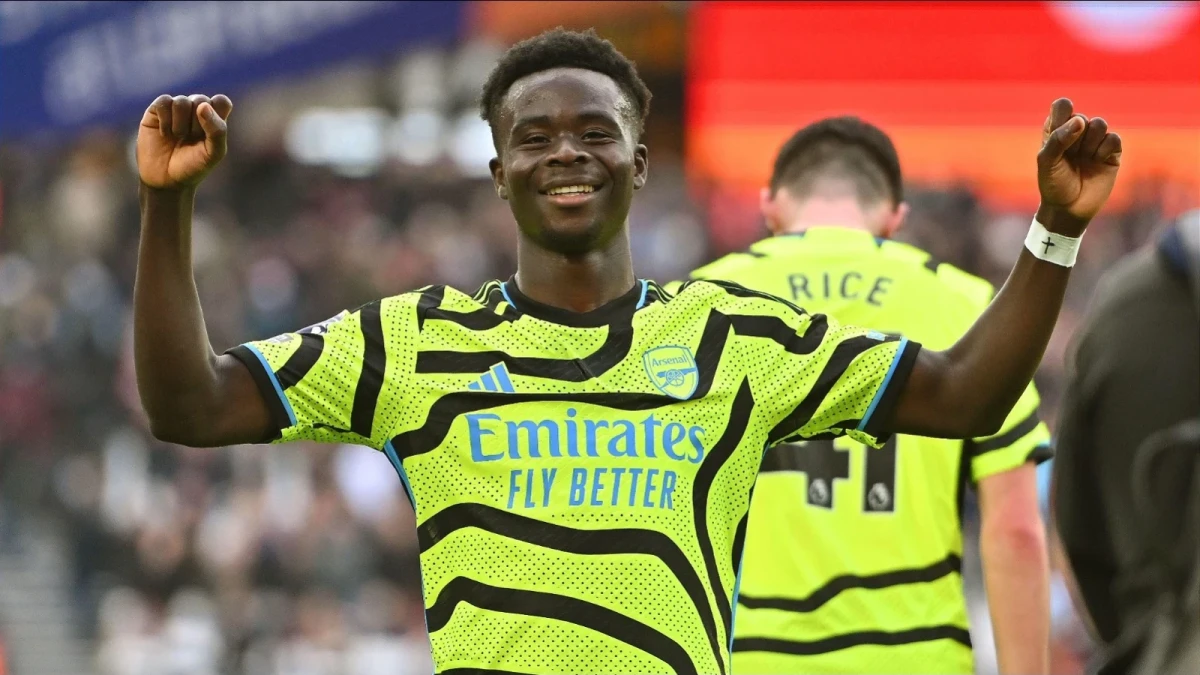 Arsenal's Bukayo Saka celebrates his second goal