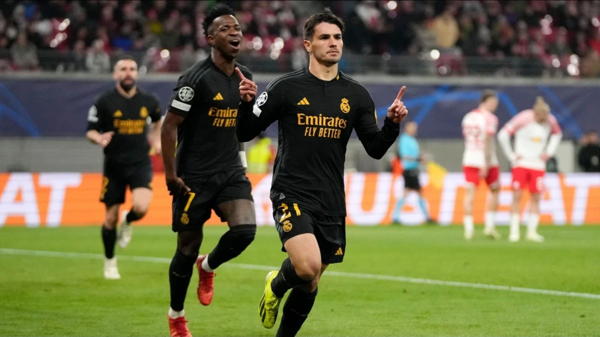 Real Madrid's Brahim Diaz celebrates after he scored
