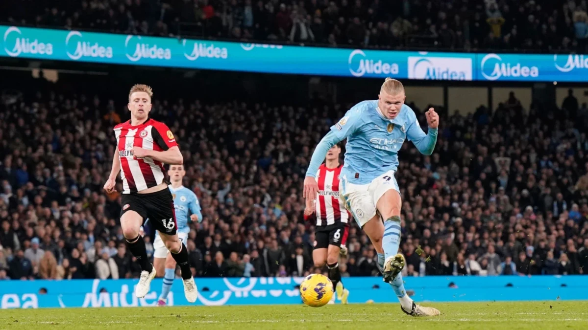 Erling Haaland scores against Brentford Premier League 20 Feb, 2024