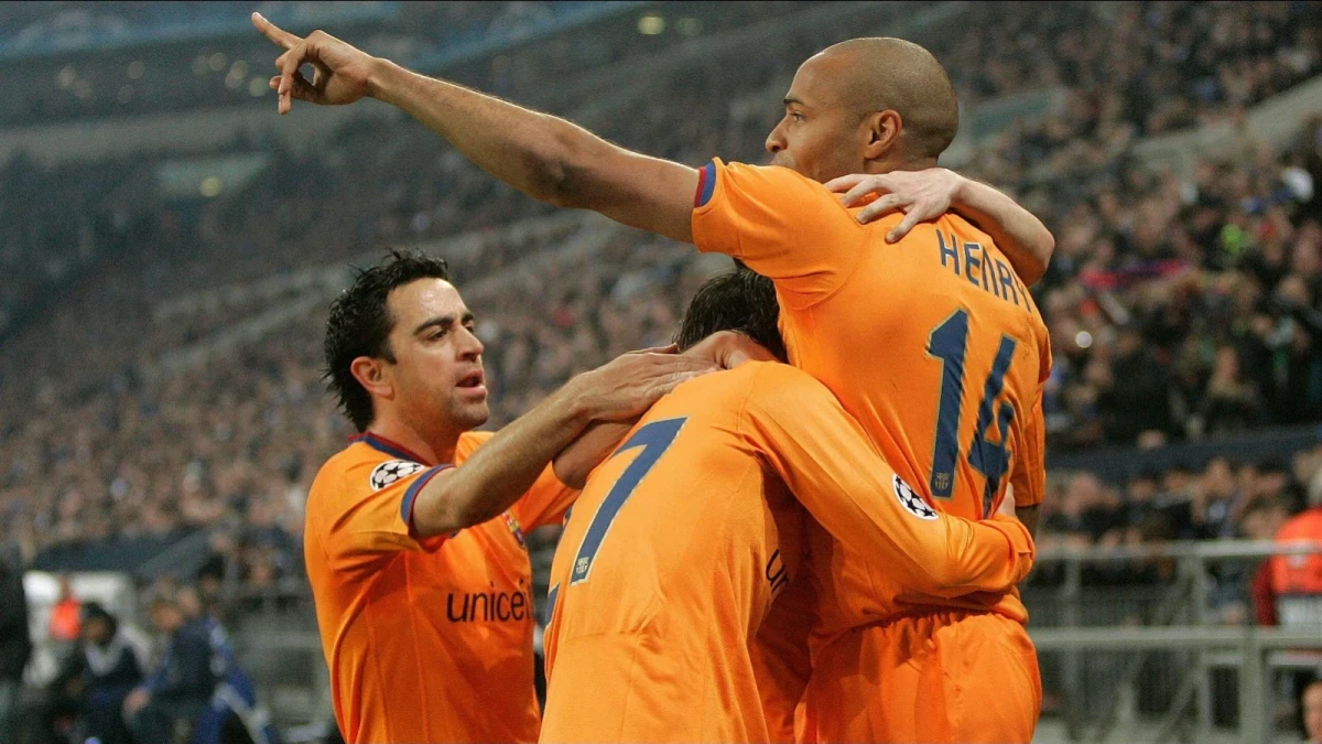 Barcelona's Xavi Hernandez, Bojan Krkic and Thierry Henry in their playing days