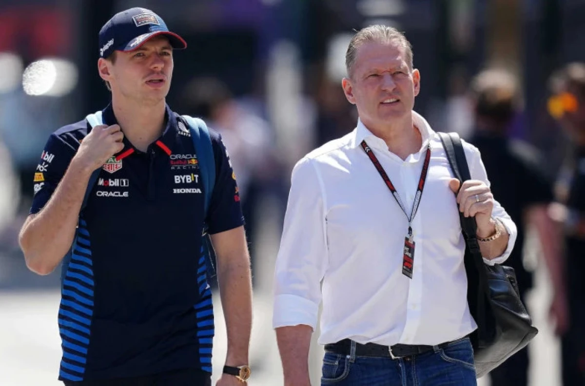 Red Bull Racing's Max Verstappen (left) arriving with father Jos Verstappen before first practice ahead of the Bahrain Grand Prix - March 2024