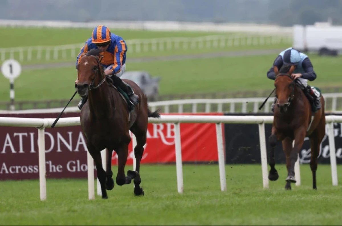 Henry Longfellow ridden by Ryan Moore (left) wins the Goffs Vincent O’Brien National Stakes at Curragh Racecourse - Sept 2023