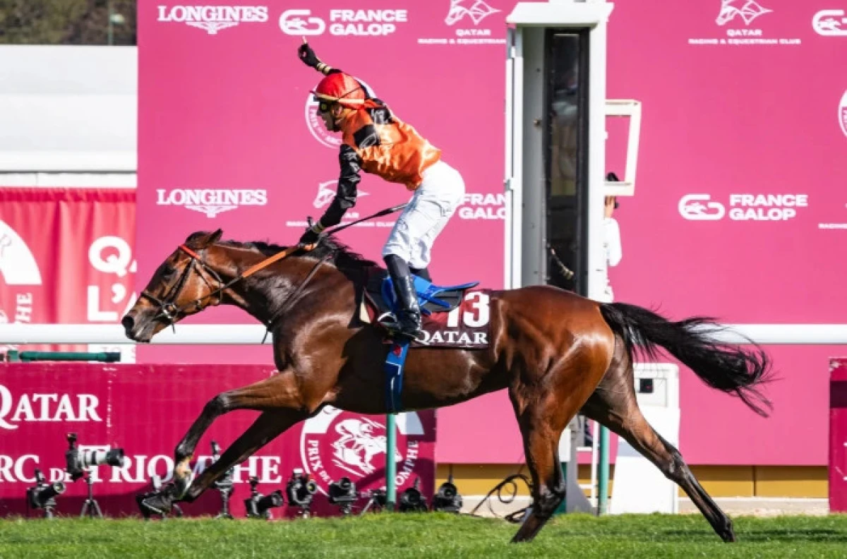 Ace Impact and jockey Cristian Demuro win the 2023 Group 1 Qatar Prix de l'Arc de Triomphe for trainer Jean-Claude Rouget - Oct 2023
