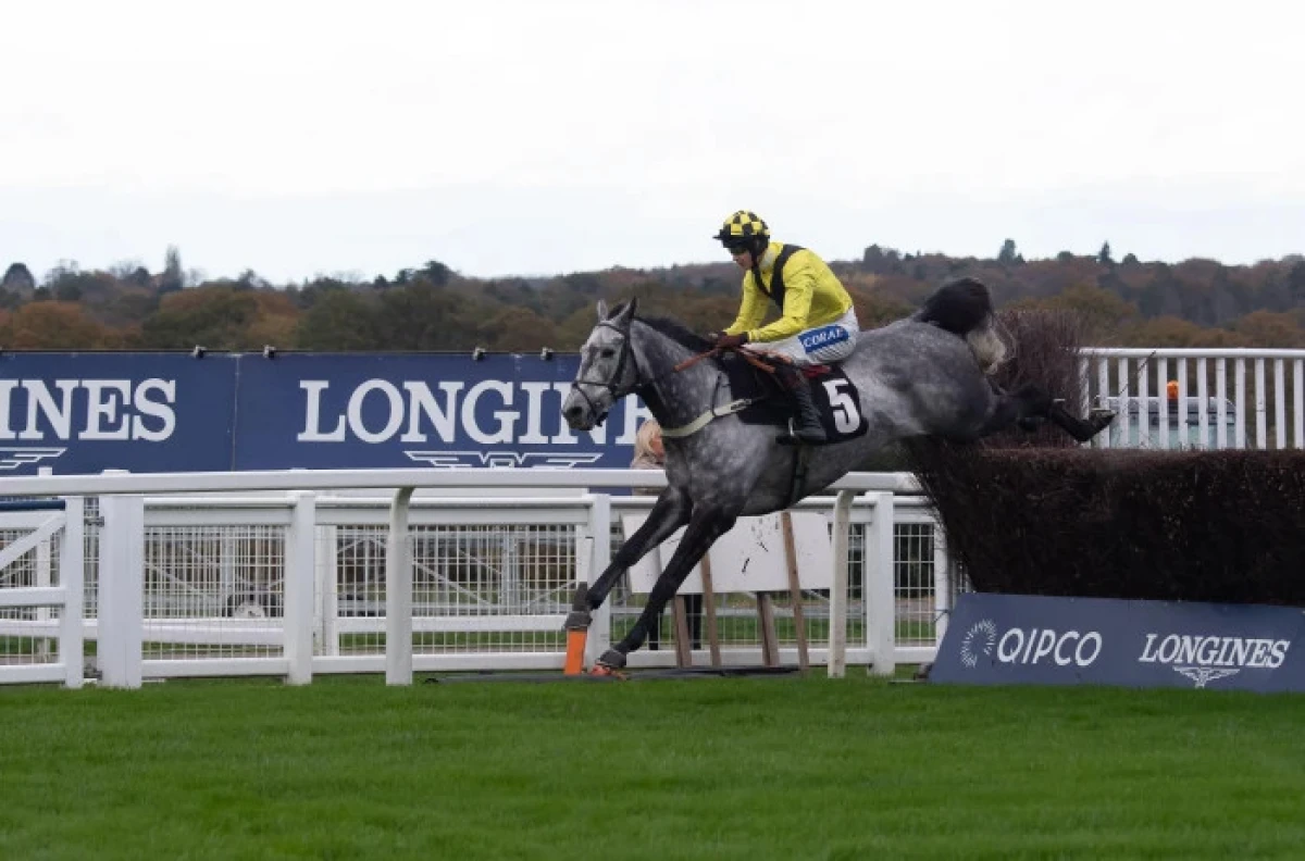 Horse Elixir De Nutz ridden by jockey Brendan Powell clears a jump in the Royal Ascot Racing Club Handicap Steeple Chase at Ascot Racecourse - Nov 2022