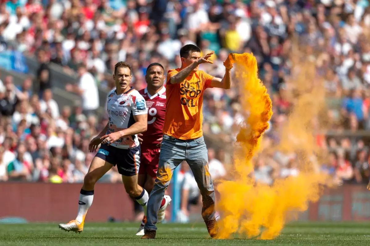 A ‘just stop oil’ protestor’ runs onto the pitch during the Gallagher Premiership Final at Twickenham - May 2023