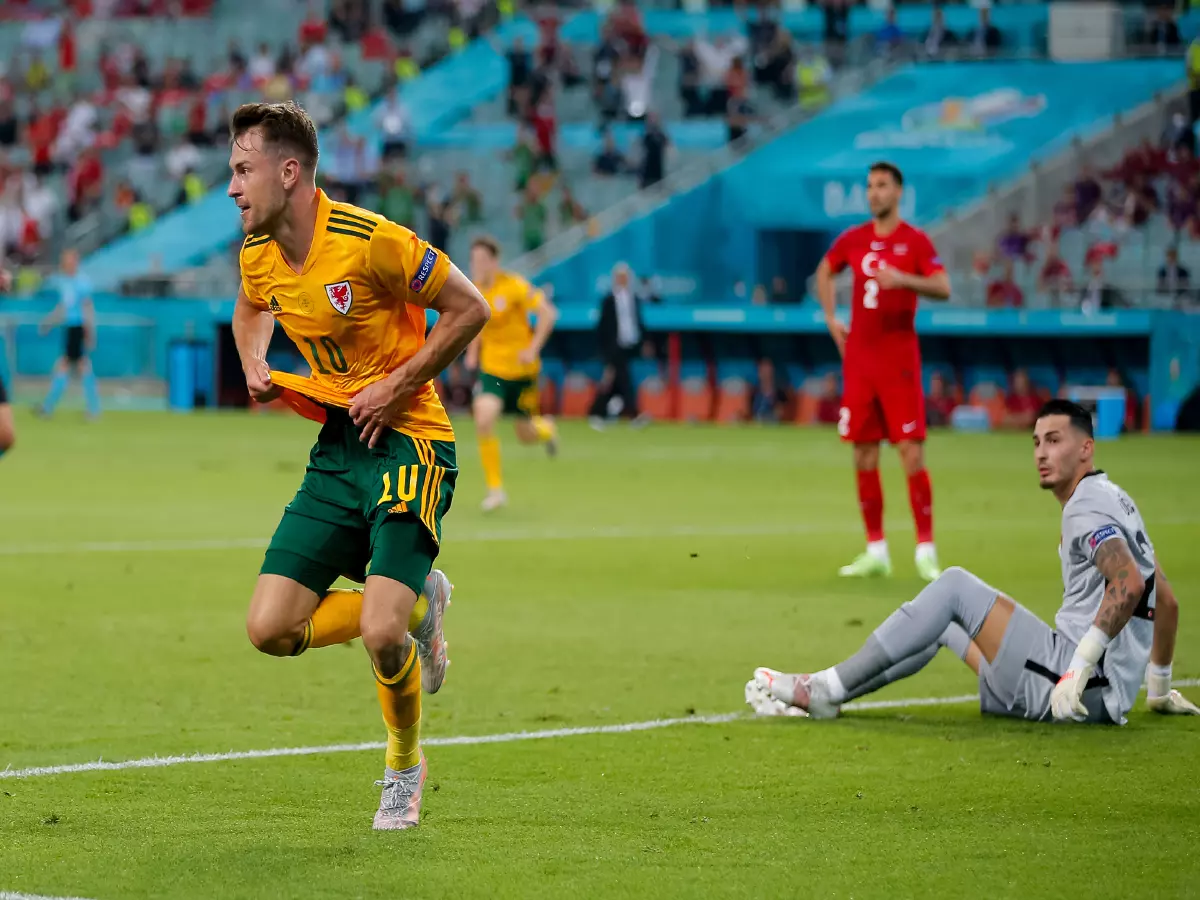 Aaron Ramsey celebrates scoring the opening goal in Wales' 2-0 win over Turkey at Euro 2020