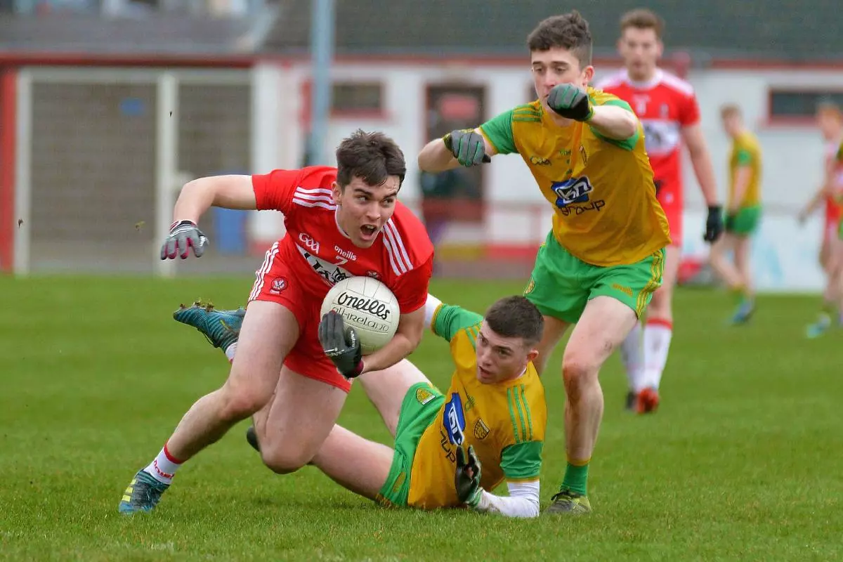 Action from Leo Murphy Cup GAA football game between Derry and Donegal in Celtic Park