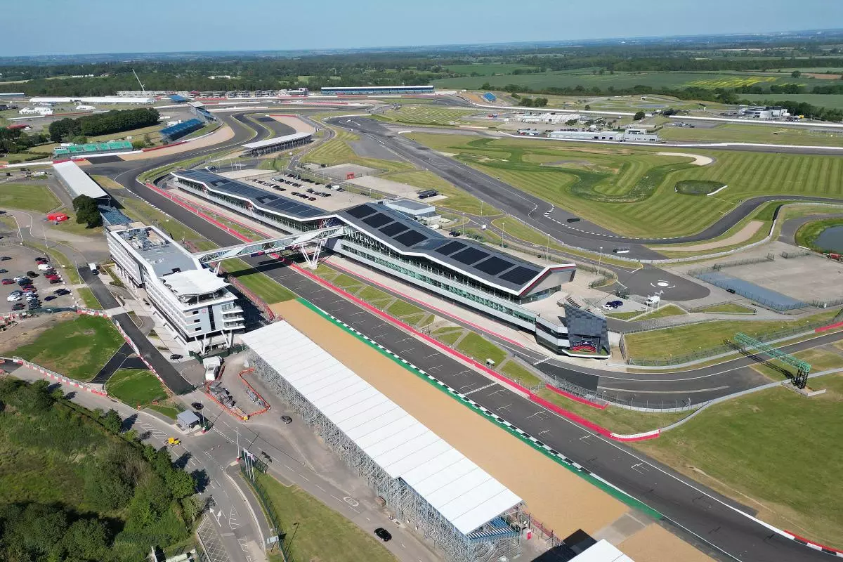 An image taken from a drone of The Wing complex and pitlane at Silverstone Circuit - June 2023