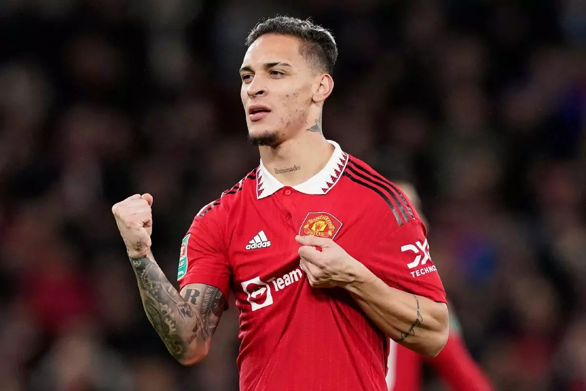 Antony of Manchester United celebrates scoring the first goal during the Carabao Cup match against Charlton