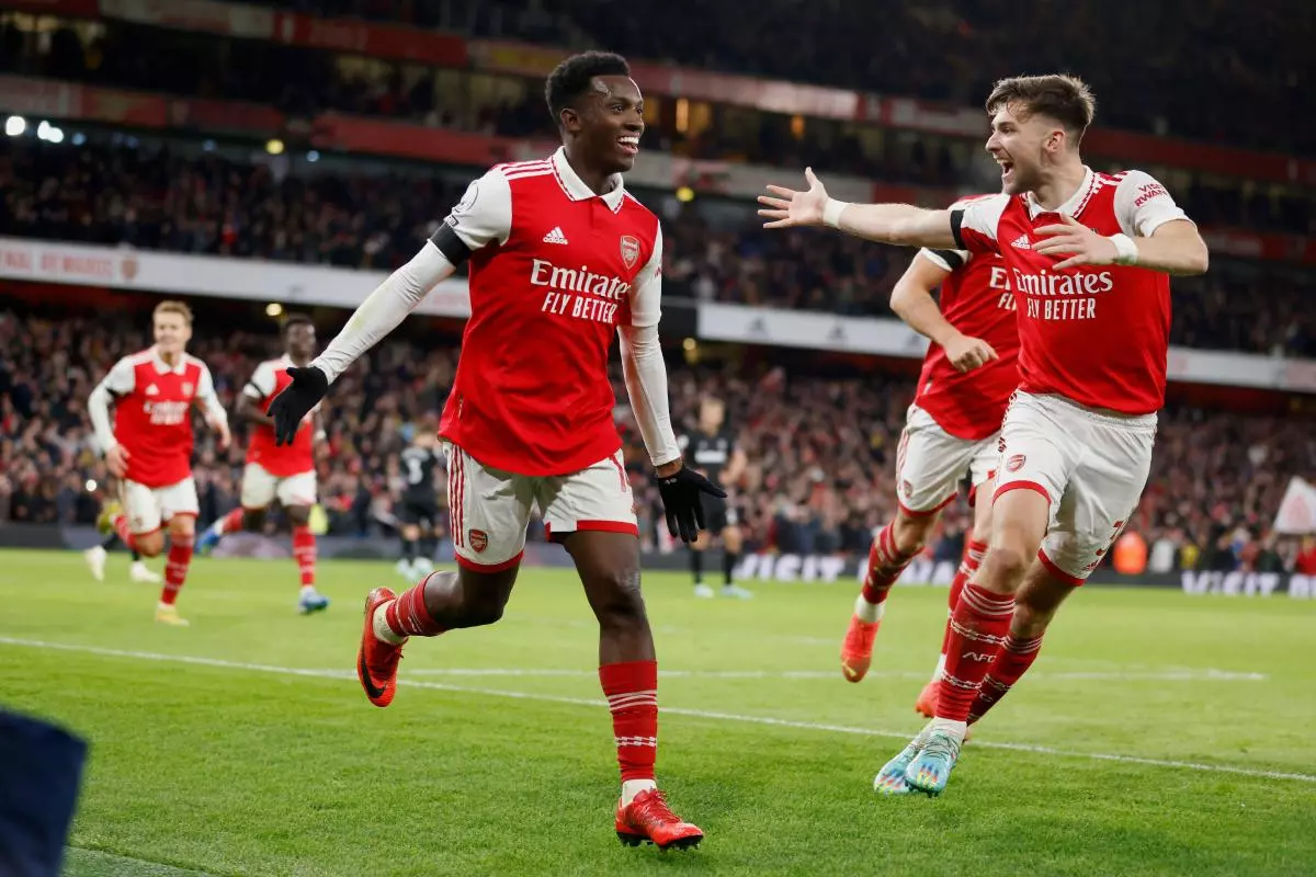 Arsenal's Eddie Nketiah celebrates scoring their side's third goal