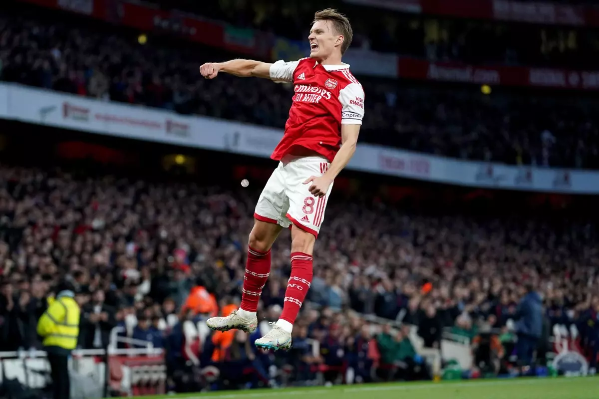 Arsenal’s Martin Odegaard celebrates after scoring