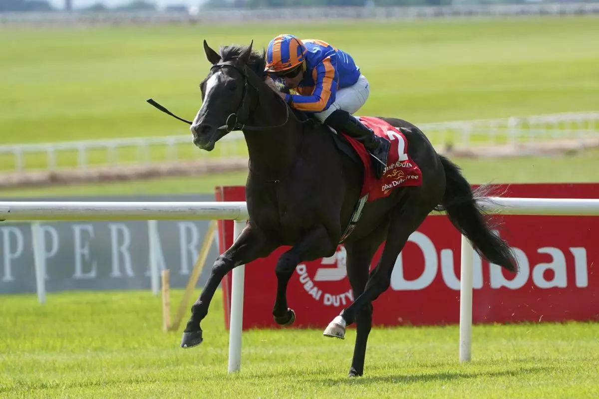 Auguste Rodin and Ryan Moore coming home to win the Dubai Duty Free Irish Derby - July 2023