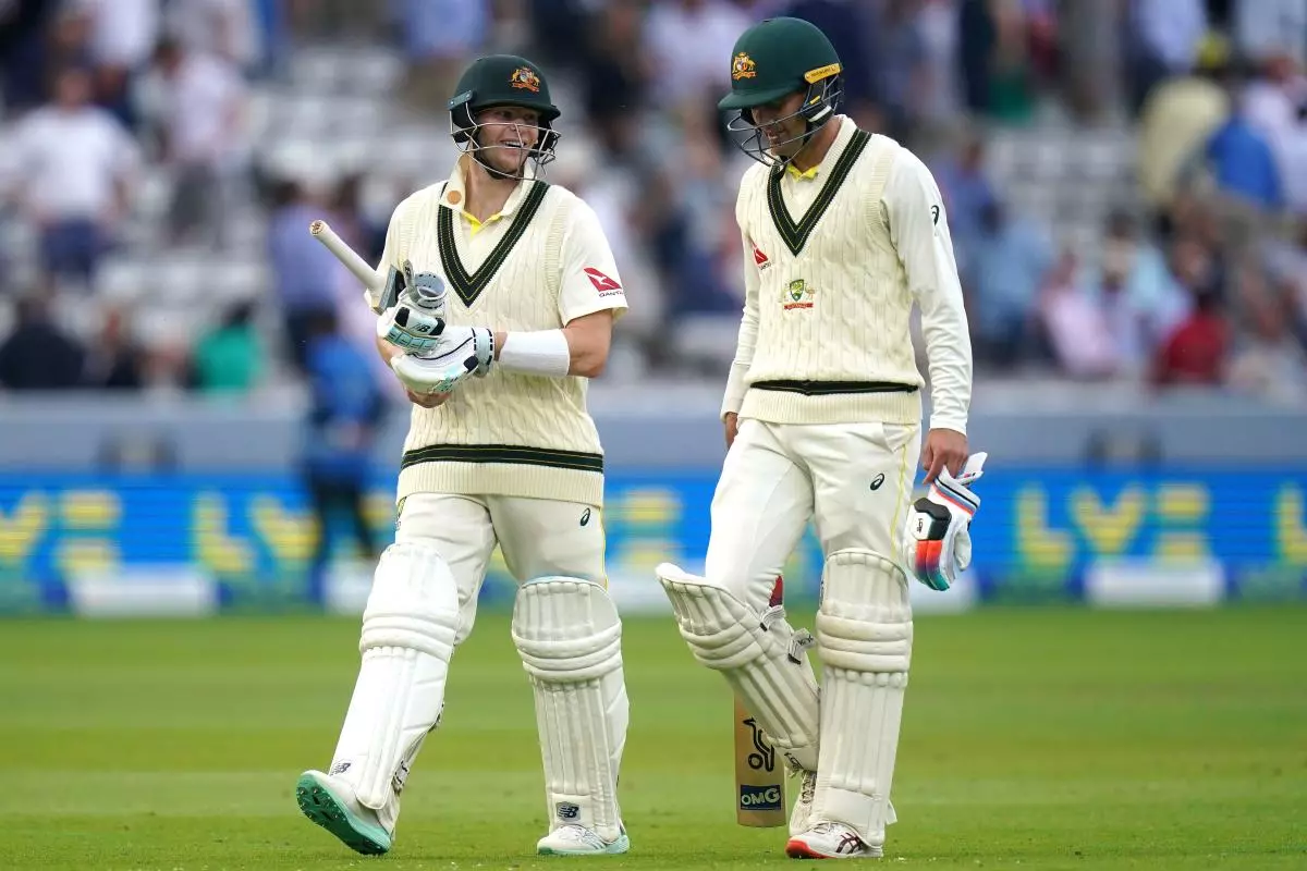 Australia batting partnership Steve Smith and Alex Carey at the end of day one of the second Ashes test match at Lord's - June 2023
