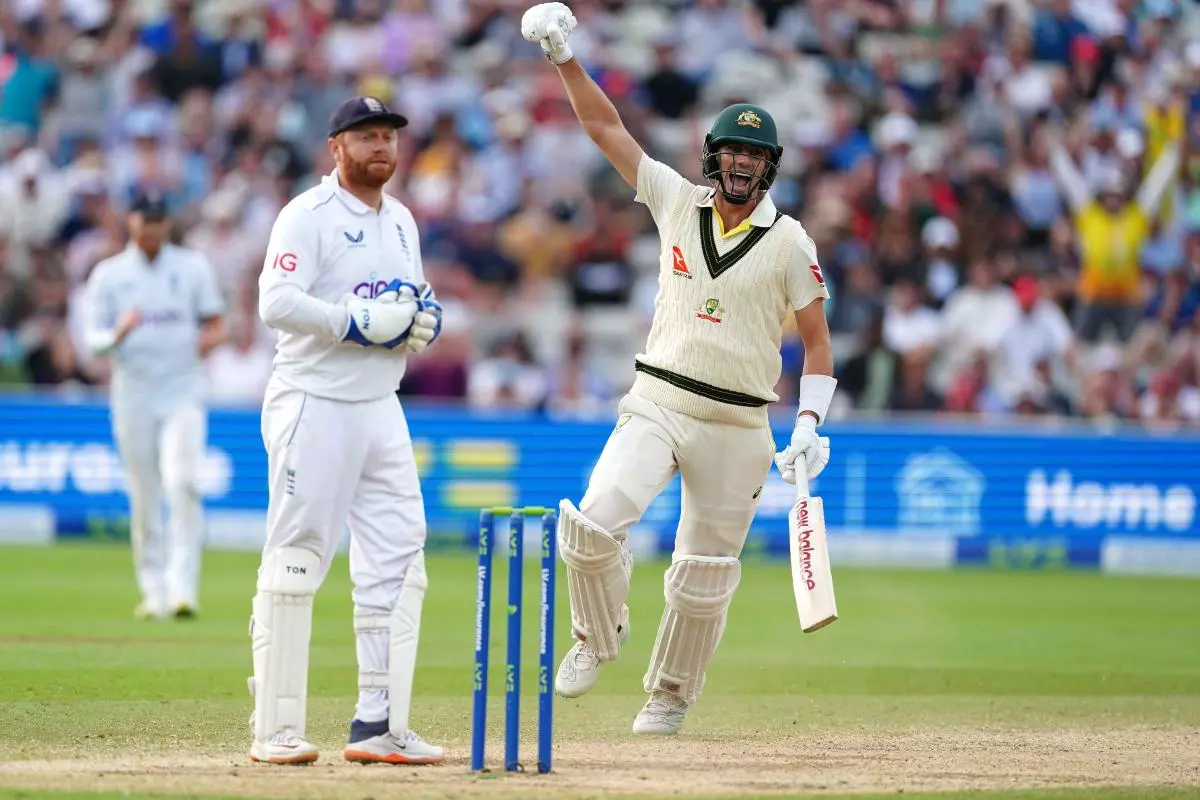 Australia's Pat Cummins celebrates hitting the winning runs on day five of the first Ashes test match at Edgbaston - June 2023